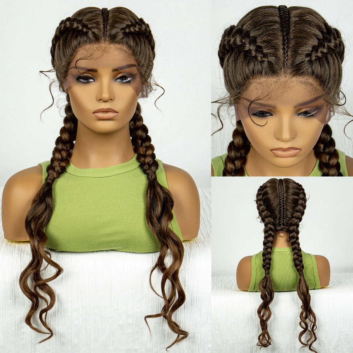 Synthetic Cornrow Braided Wig with Curly Wave Lace Frontal Afro Hair - OSASCO