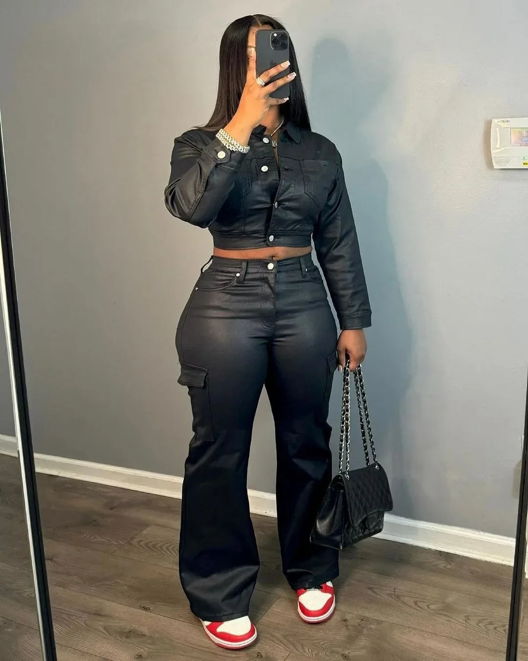 Women's Faux Leather Jacket & Flared Pants Set