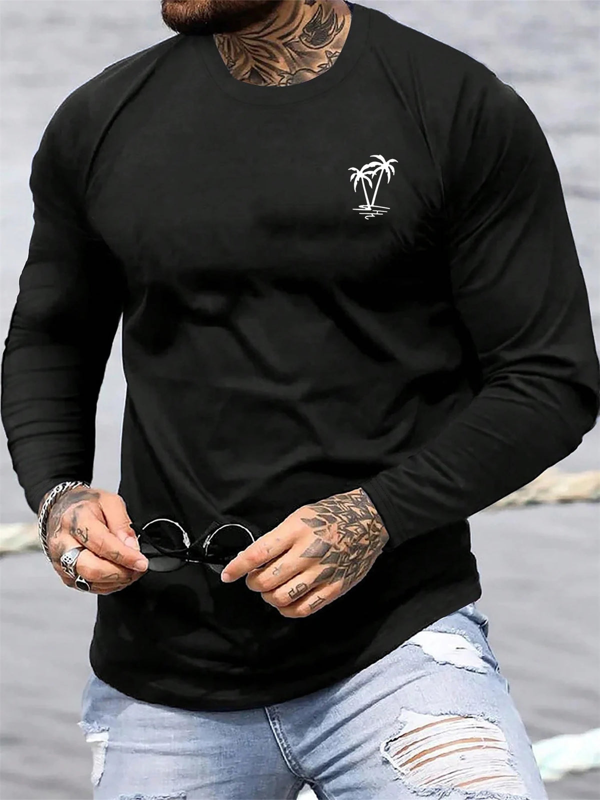 Men's Palm Tree Print Long-Sleeve Casual T-Shirt