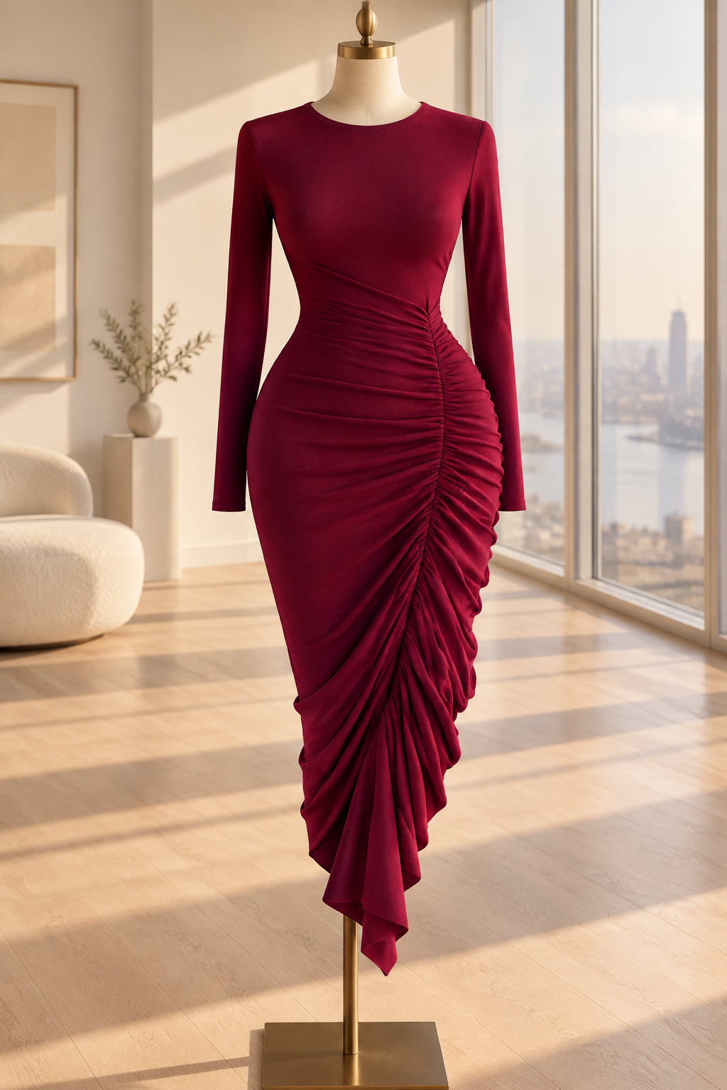 A deep magenta red long-sleeve dress with dramatic ruching and a draped, asymmetrical hem, displayed on a mannequin in an indoor showroom.