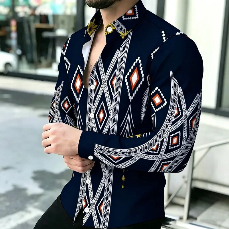 Men's Geometric Print Long-Sleeve Casual T-Shirt