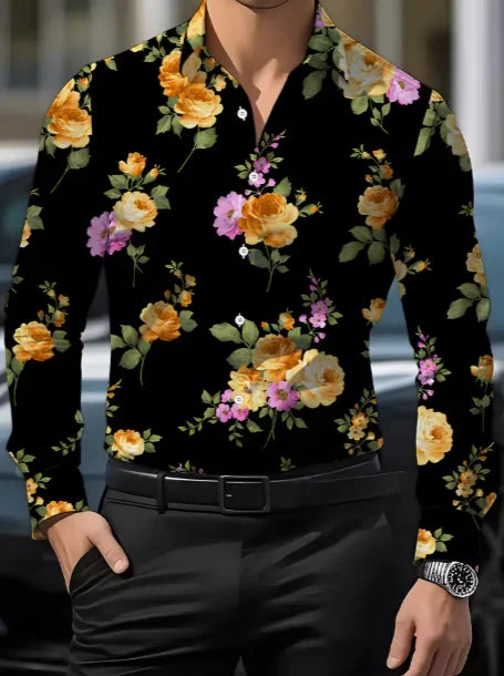 Men's Floral Print Long-Sleeve Casual Shirt