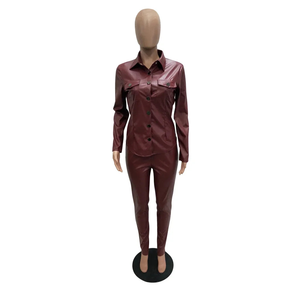 Women's Faux Leather Shirt & Fitted Pants Set