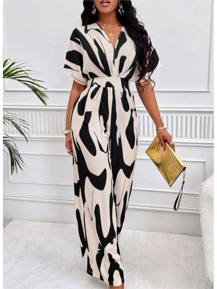Women's Printed V-Neck Wide-Leg Jumpsuit