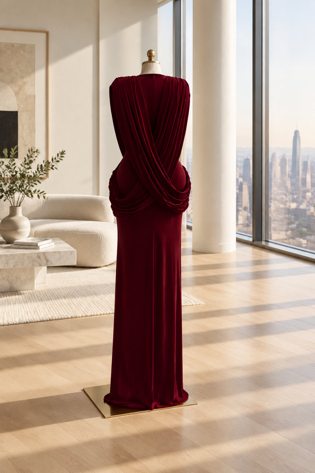 A floor-length draped gown in deep burgundy red displayed on a mannequin in an indoor room setting with curtains, a sofa, and a small side table.