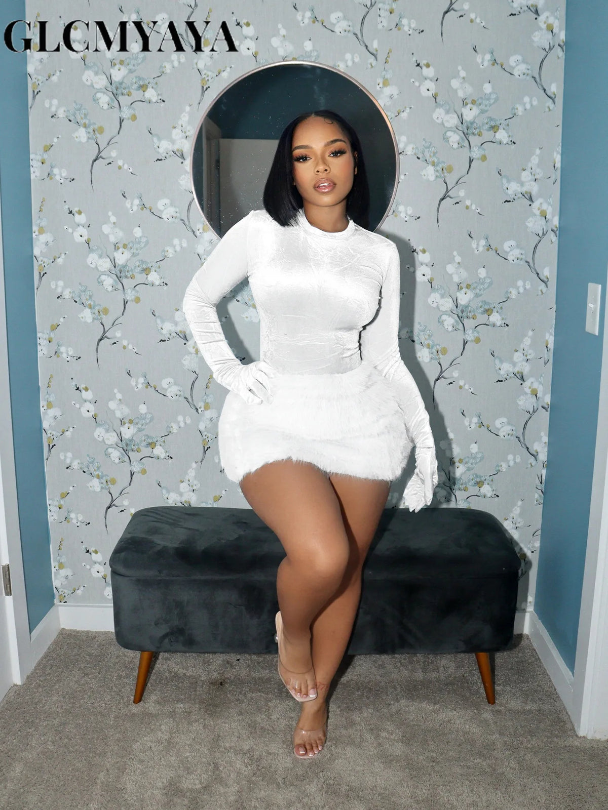 Women's Velvet Top & Fitted Mini Skirt Set