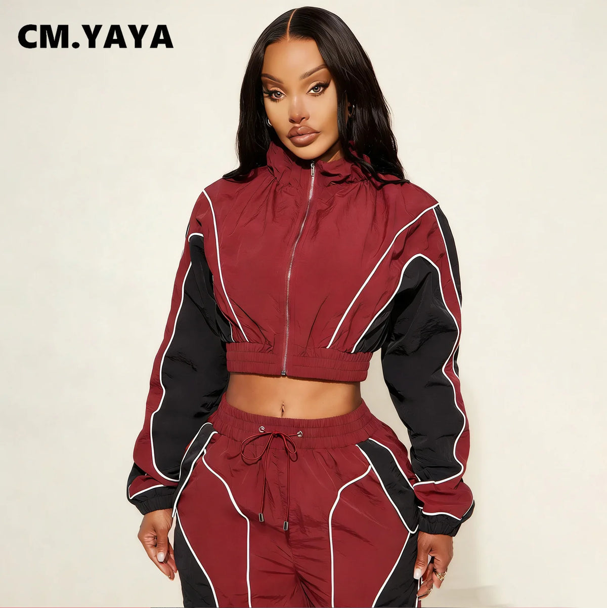 Women's Colour-Block Zip Jacket & Wide-Leg Pants Set