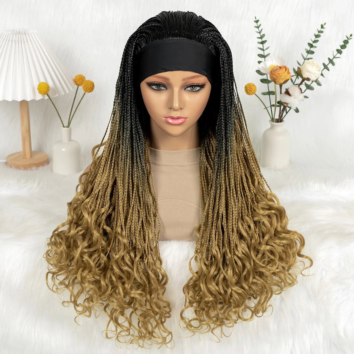 Silk Headband Wig Braided Wig with Curly Ends Headband Wig Knotless - OSASCO