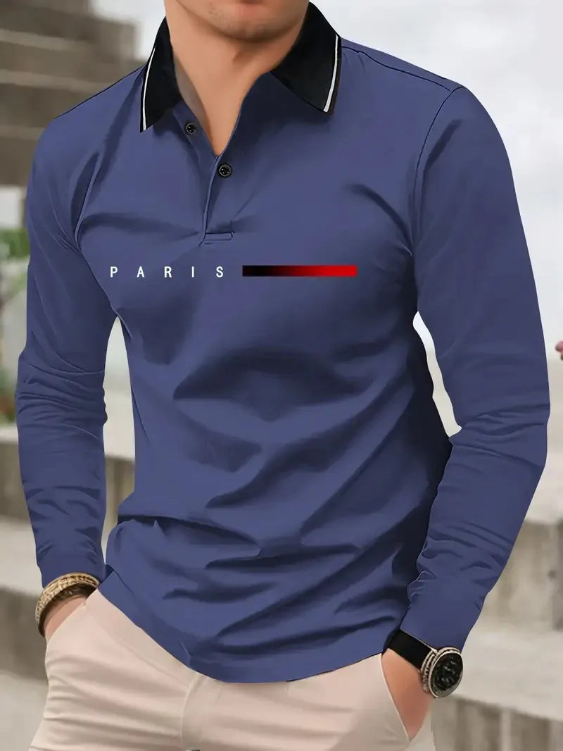 Men's Letter Print Long-Sleeve Polo Shirt