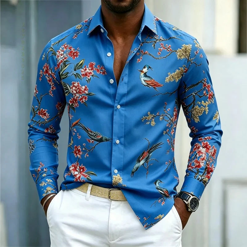 Men's Floral Print Long-Sleeve Casual Shirt