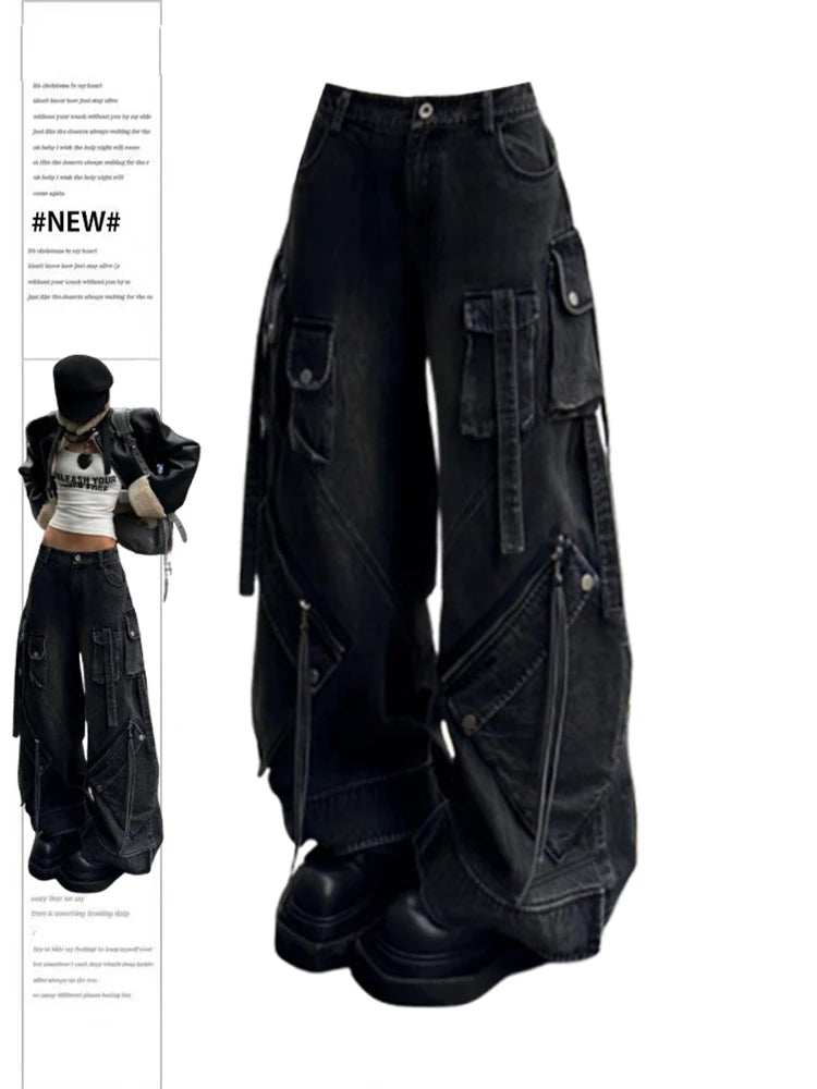Women's Black Baggy Cargo Jeans — product view