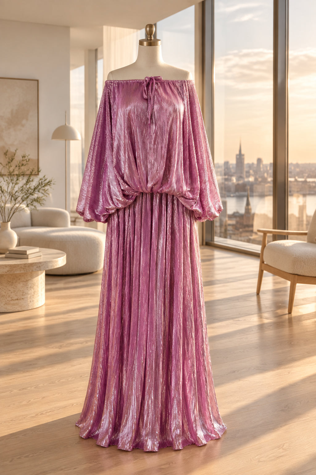 A metallic magenta pink pleated off-the-shoulder long-sleeve top and matching pleated skirt set displayed on a gold mannequin torso. The top features a tie-neck detail, and the skirt is gathered at the waist.