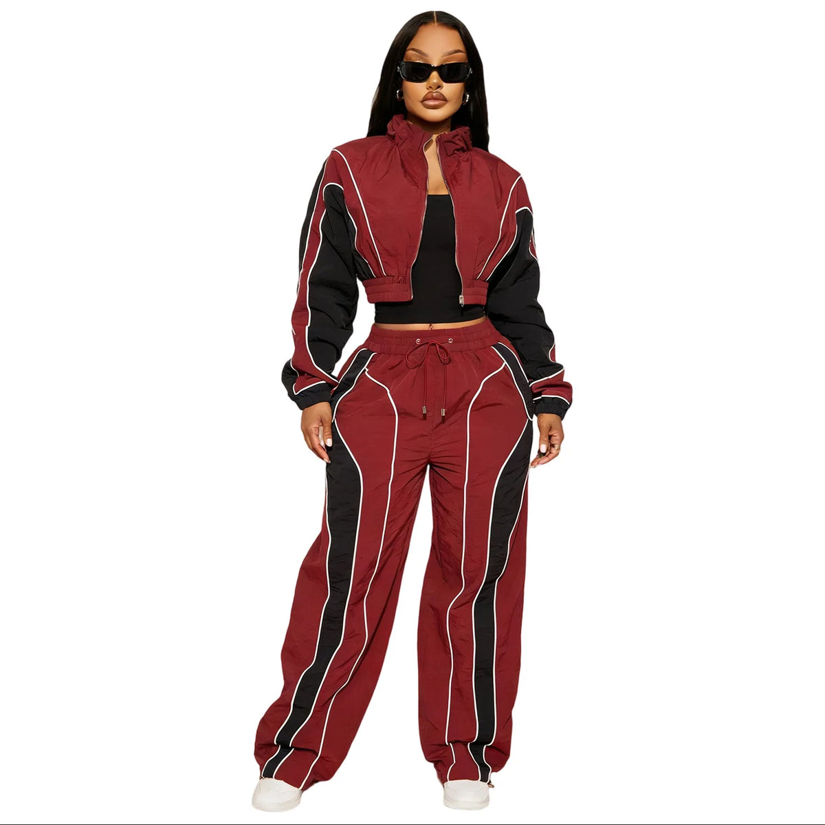 Women's Colour-Block Zip Jacket & Wide-Leg Pants Set