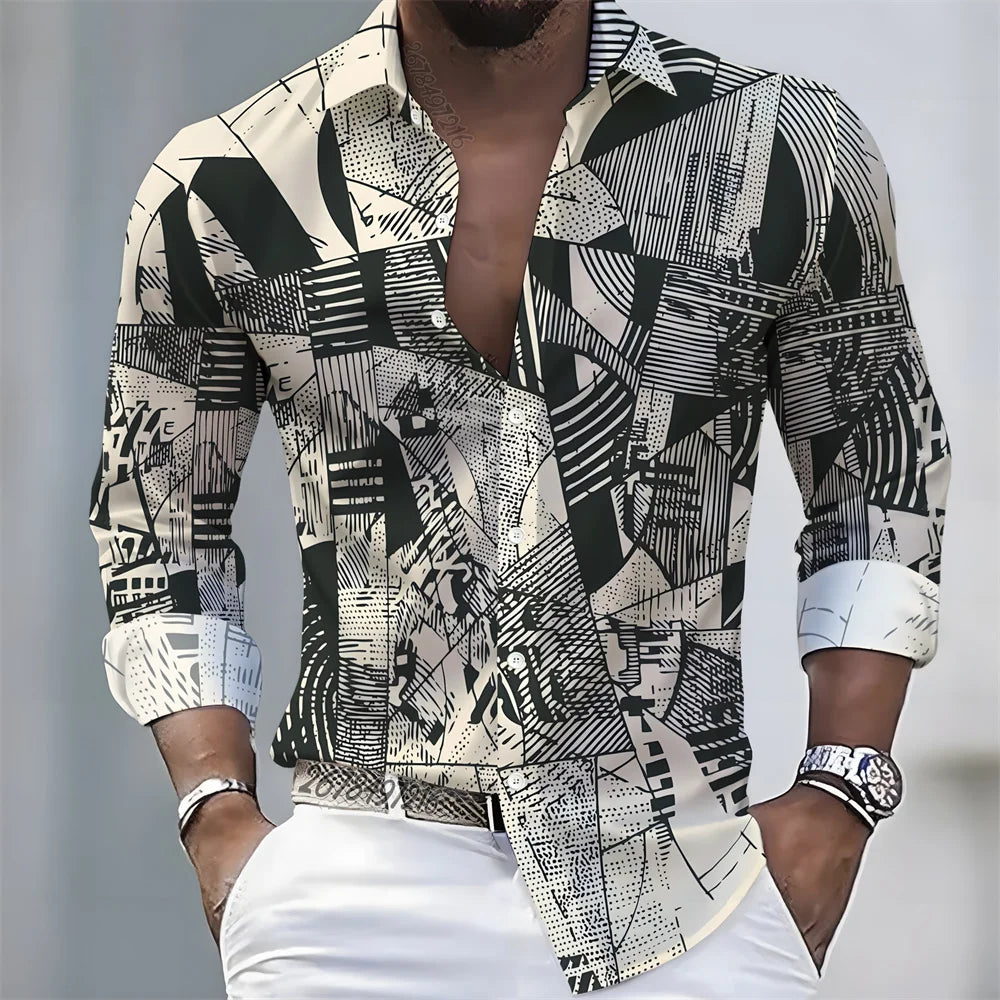 Men's Geometric Print Long-Sleeve Casual Shirt
