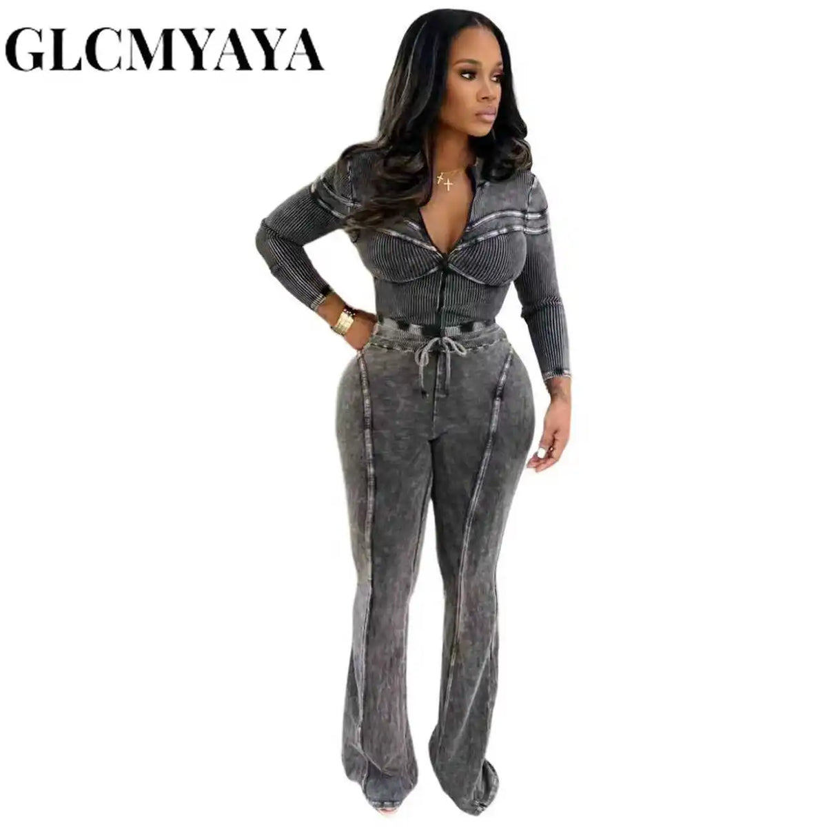 Women's Washed-Look Knit Jacket & Pants Set