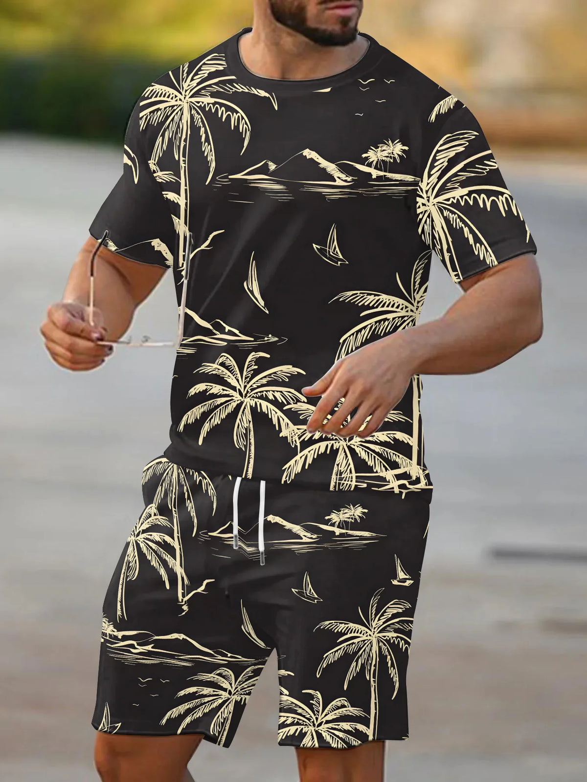 Men's Palm Tree Print Top & Shorts Set