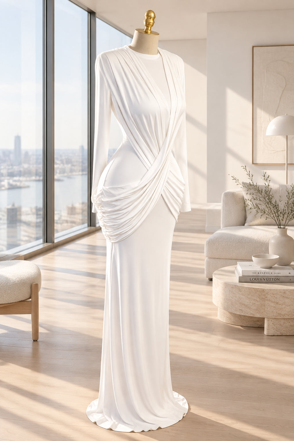 Women's Ruched Ribbon-Detail Long-Sleeve Maxi Dress