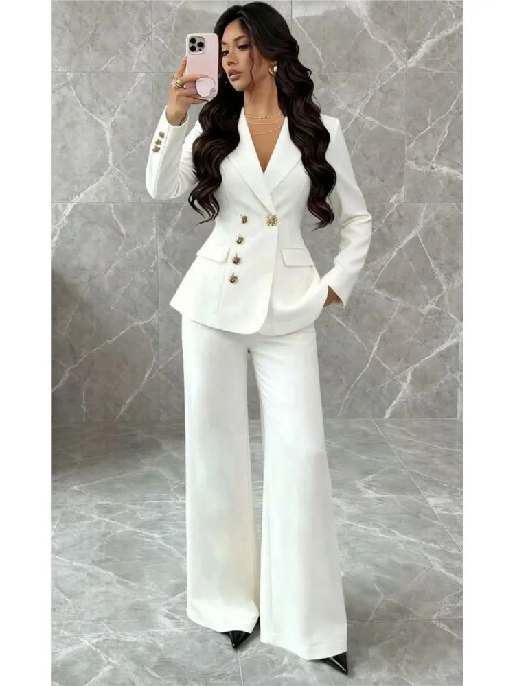 Women's White Blazer & Wide-Leg Pants Set