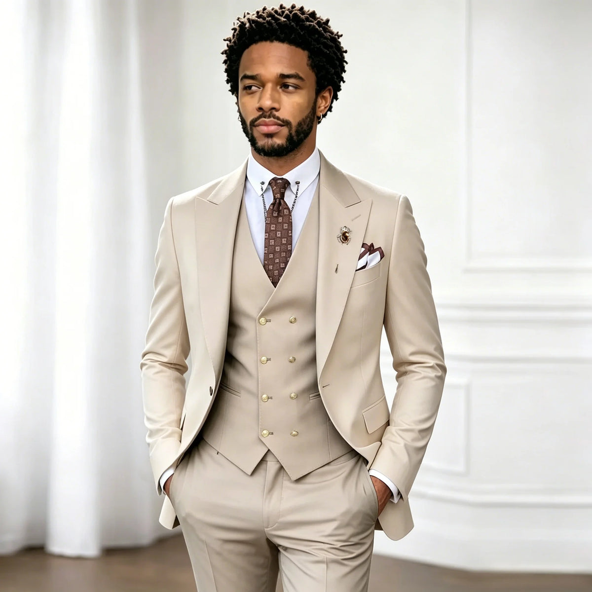 Men's Beige 3-Piece Suit Set — product view