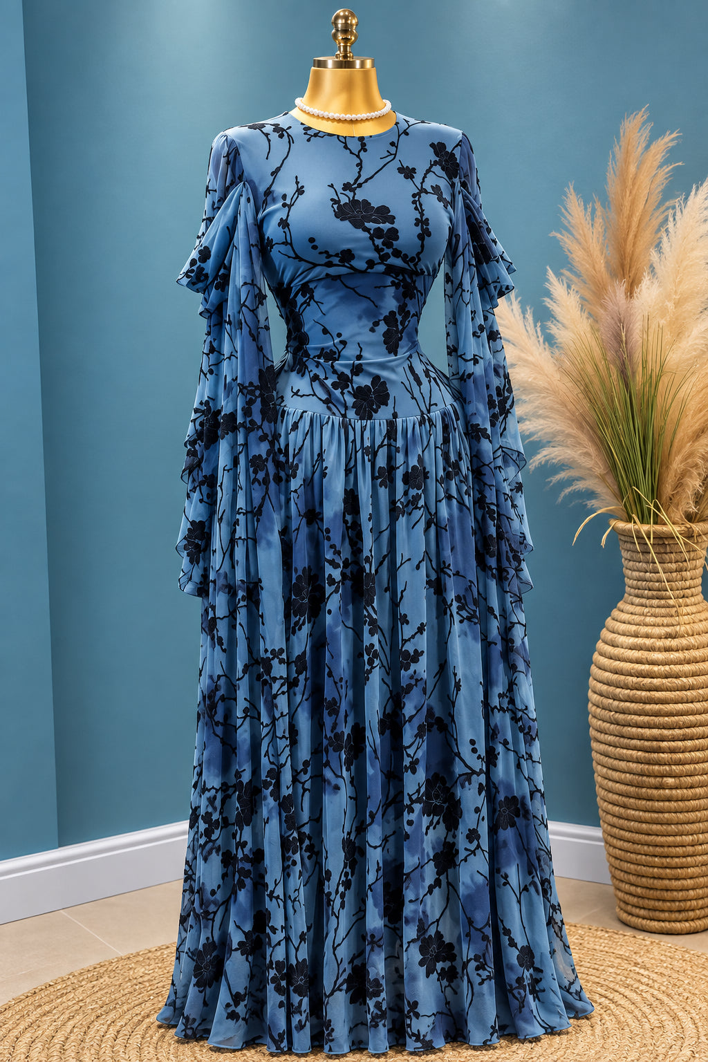 A long-sleeve maxi dress displayed on a mannequin in a boutique setting. The dress features a blue and black abstract floral pattern, a fitted waist, and a pleated skirt.