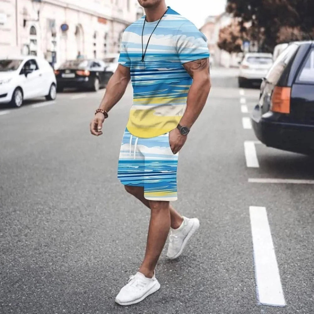 Men's Palm Tree Print Top & Shorts Set