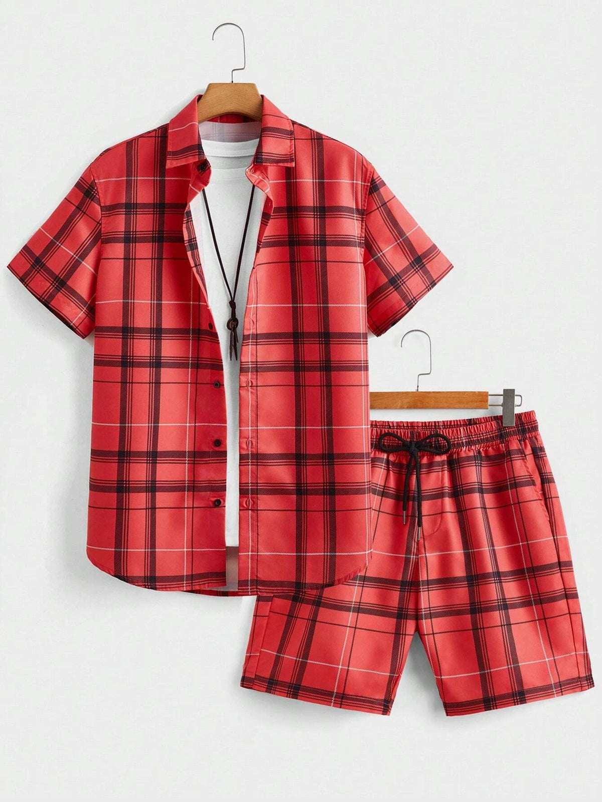 Men's Check Print Top & Shorts Set