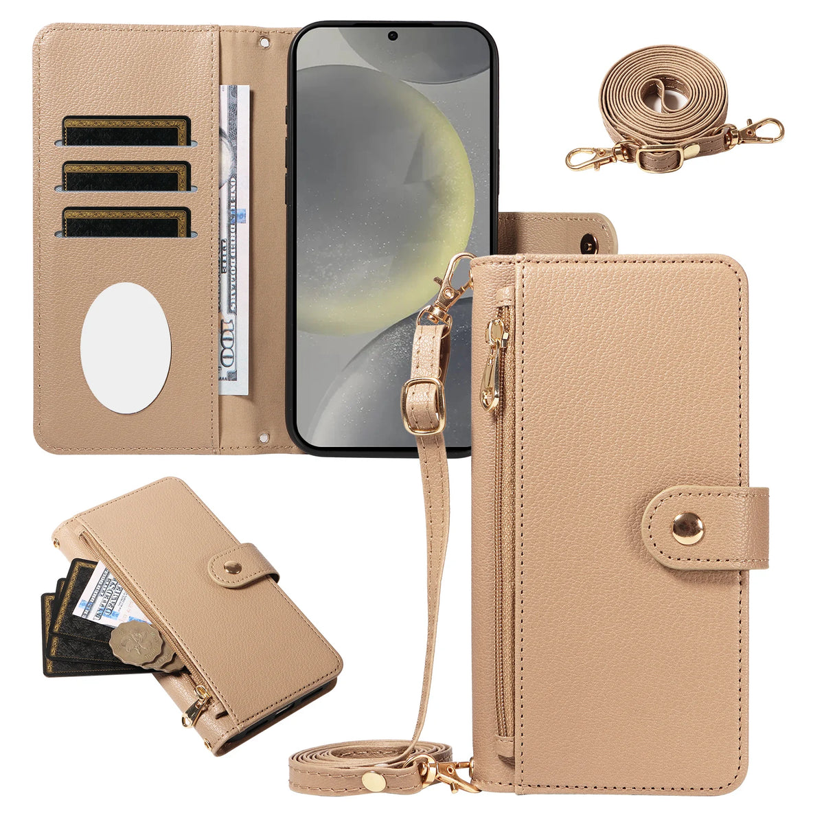 Crossbody Zipper Wallet Phone Case with Mirror for Samsung Galaxy A06, A07, A17, A04, A05, A05s, A57, A56, A55, A54, A50, A42 5G, A41, A30, A53 5G, A52 5G, A52s 5G, A51 4G, A34, A35, A36, A37, A31, A32 4G, A32 5G, A33 5G, A23 5G, A25 & More Models