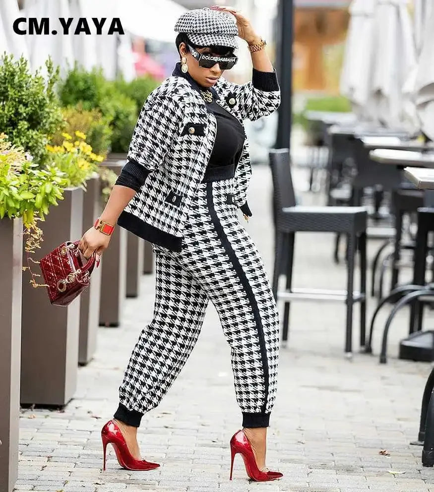 Women's Houndstooth Patchwork Jacket & Pants Set