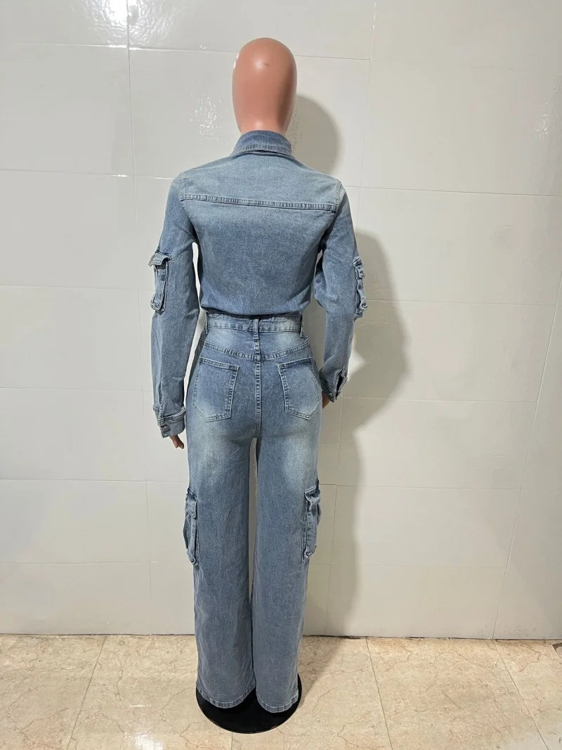 Women's Multi-Pocket Straight-Leg Denim Jumpsuit