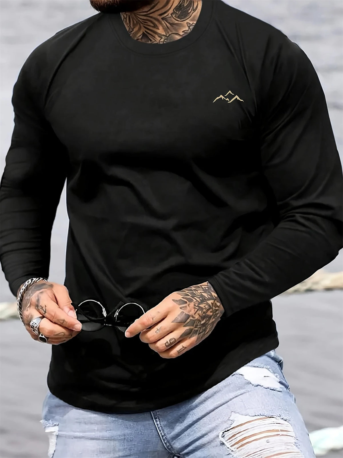 Men's Mountain Print Long-Sleeve Casual T-Shirt