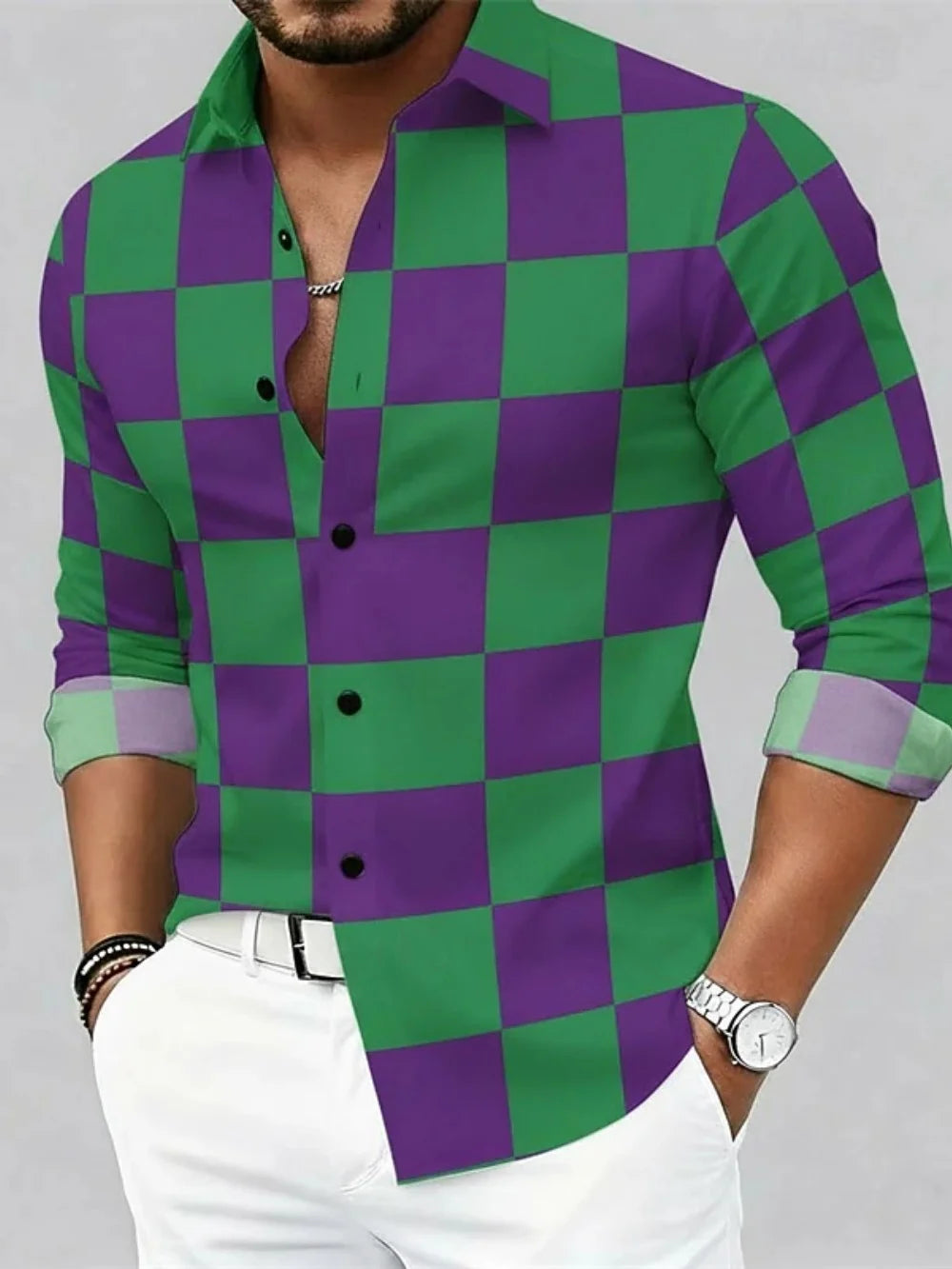 Men's Check Print Long-Sleeve Casual Shirt