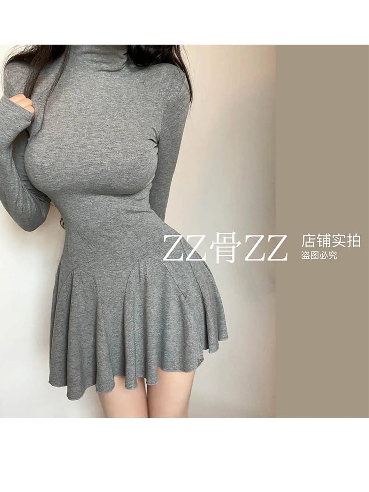 Women's High-Neck Long-Sleeve Mini Dress
