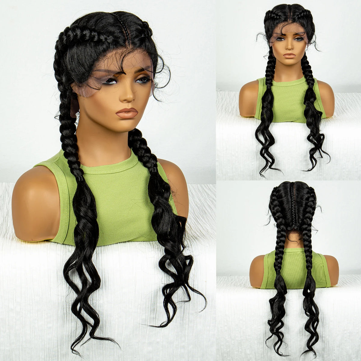 Synthetic Cornrow Braided Wig with Curly Wave Lace Frontal Afro Hair - OSASCO