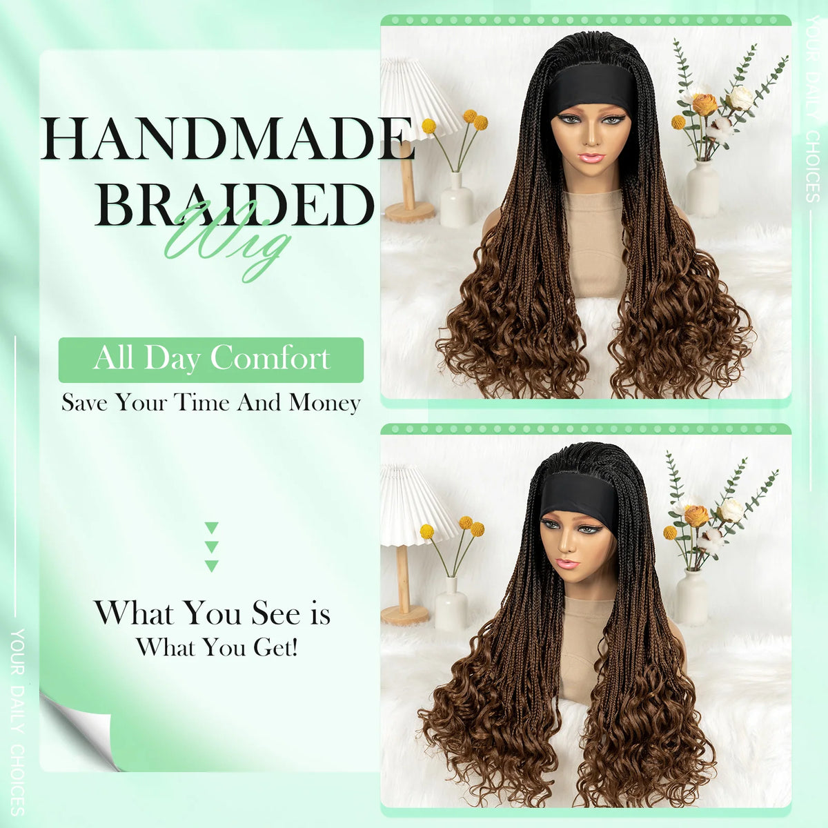 Silk Headband Wig Braided Wig with Curly Ends Headband Wig Knotless - OSASCO