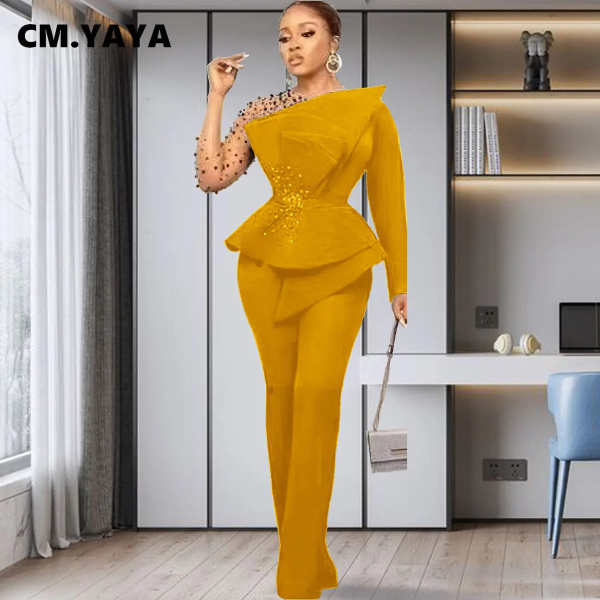 Women's Beaded Mesh Ruffle Blazer & Pants Set