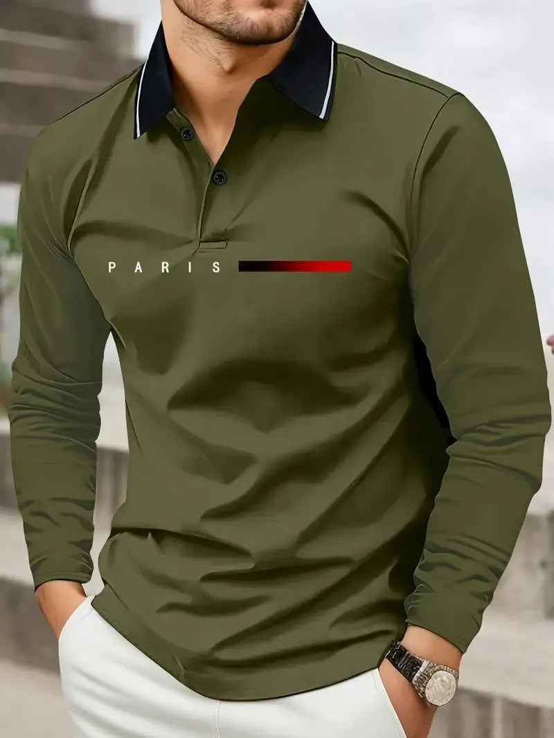 Men's Letter Print Long-Sleeve Polo Shirt