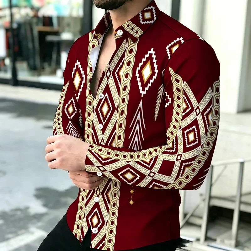 Men's Geometric Print Long-Sleeve Casual T-Shirt
