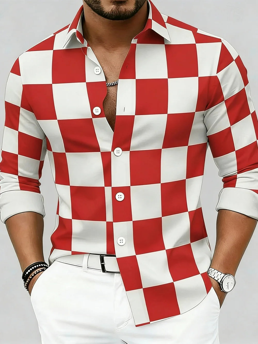 Men's Check Print Long-Sleeve Casual Shirt