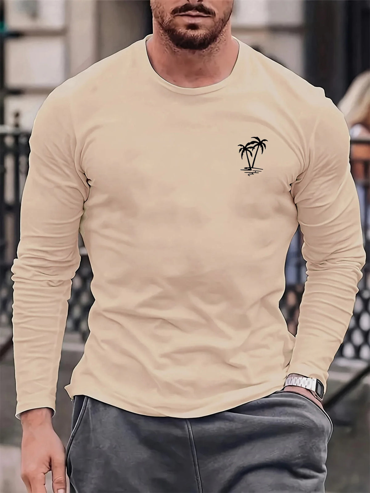 Men's Palm Tree Print Long-Sleeve Casual T-Shirt