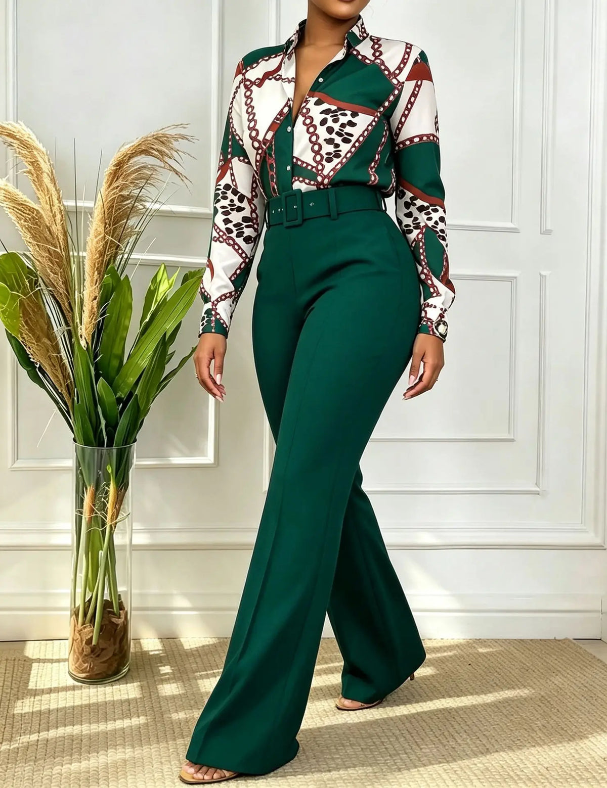 Women's Printed Stand-Collar Shirt & Straight-Leg Pants Set