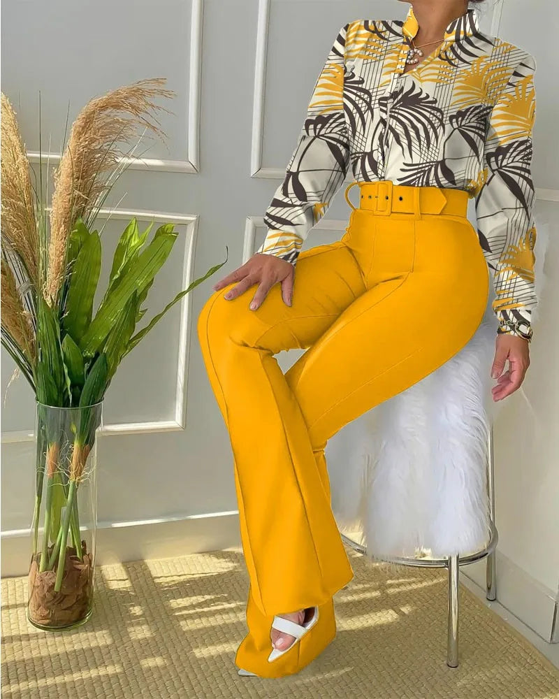 Women's Printed Belted Shirt & Trouser Set