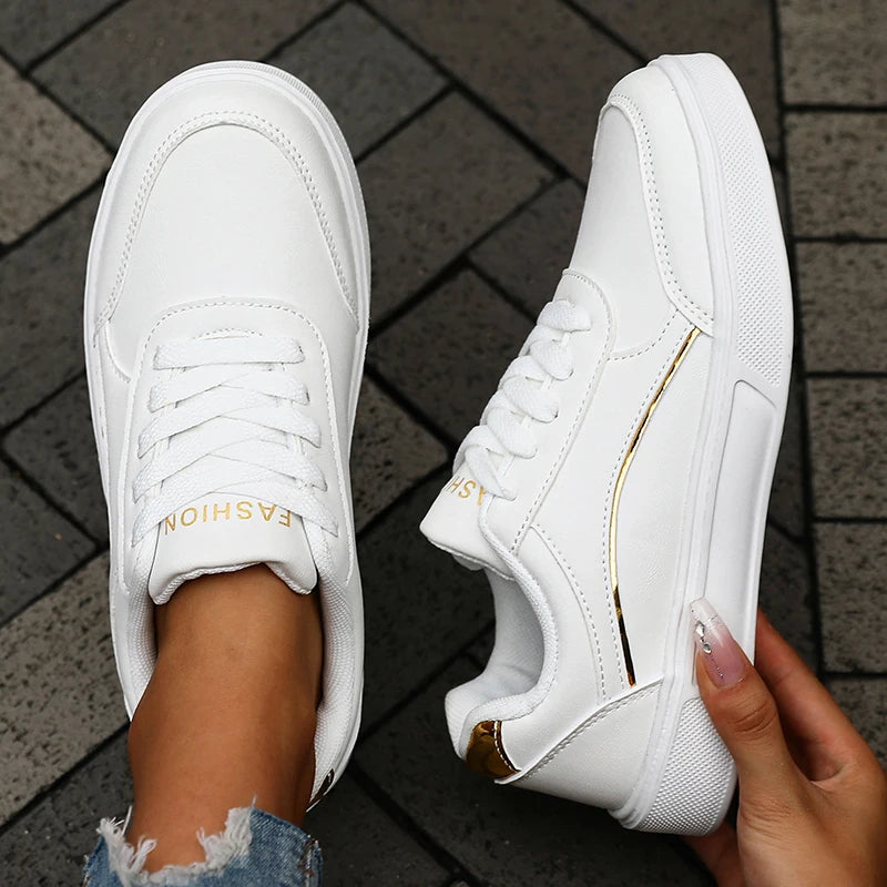 Women's White Sneakers with Silver Trim — product view