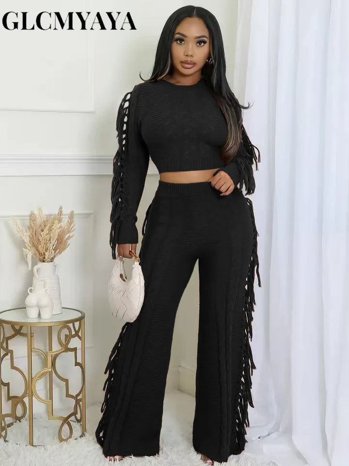 Women's Tassel Knit Sweater & Pants Set