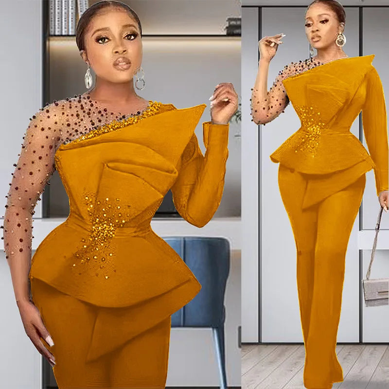 Women's Beaded Mesh Top & Wide-Leg Pants Set