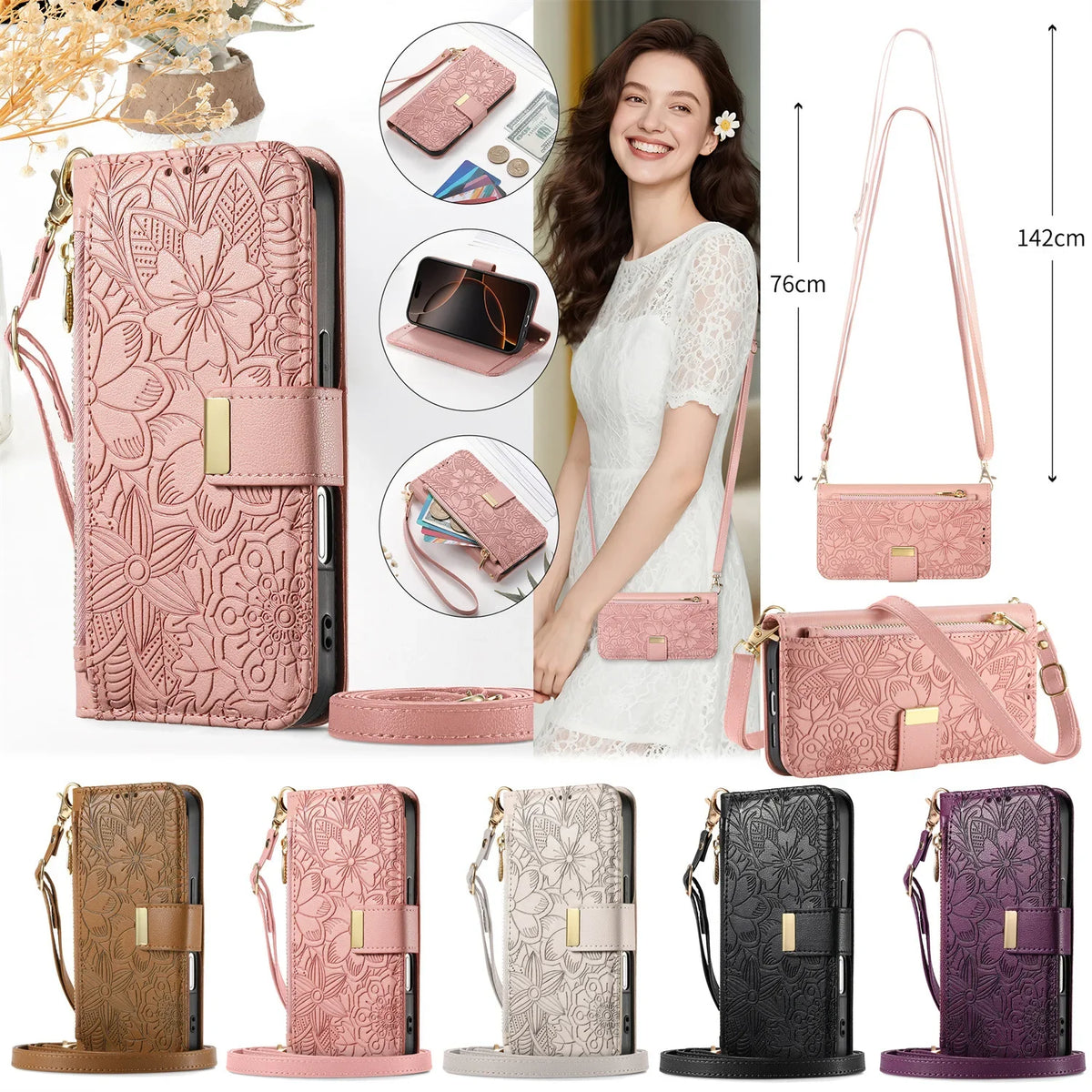 Wrist Strap Crossbody Zipper Wallet Phone Case for iPhone 17 Pro, iPhone 17 Pro Max, iPhone 14 Plus, iPhone 14 Pro Max, iPhone 13, iPhone 13 Pro, iPhone 13 Pro Max, iPhone 12, iPhone 16 Pro, iPhone 12 Pro Max, iPhone 17 & More Models