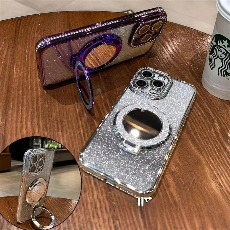 Glitter Magnetic Mirror Phone Case with Stand for iPhone 11 Pro, iPhone 11 Pro Max, iPhone 11, iPhone 14, iPhone 14 Pro, iPhone 13 Pro Max, iPhone 15, iPhone 15 Pro, iPhone 14 Pro Max, iPhone 12 Pro, iPhone 12 Pro Max, iPhone 12 & More Models