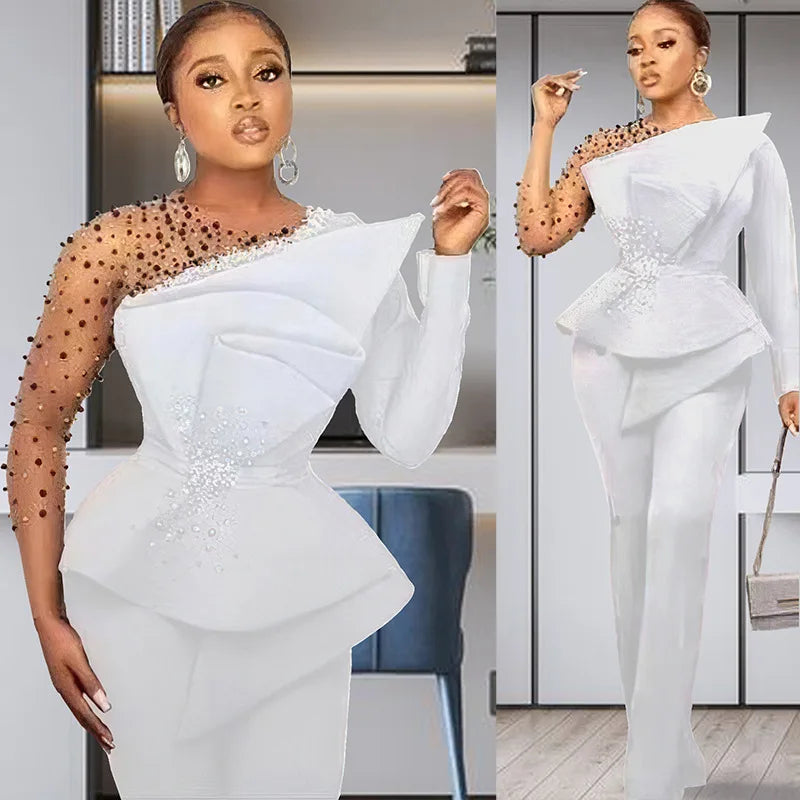 Women's Beaded Mesh Top & Wide-Leg Pants Set