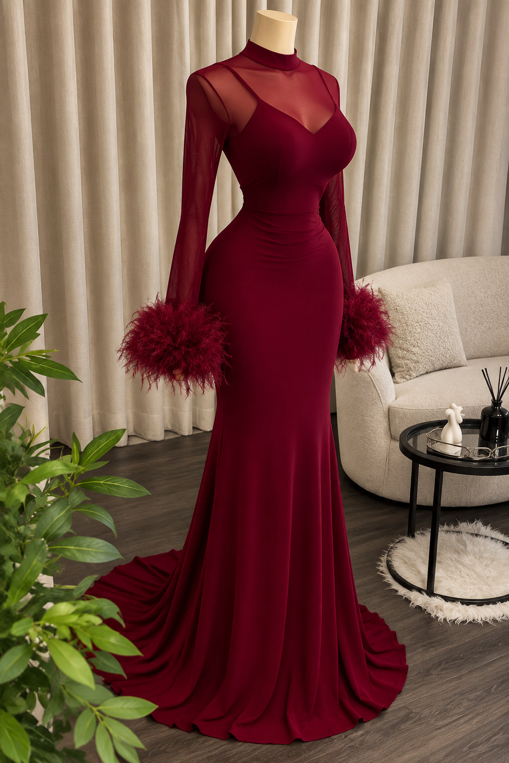 A long-sleeve, high-neck floor-length gown in deep red, displayed on a mannequin in an indoor setting. The dress features sheer mesh panels at the neckline and along the sleeves, with matching red feather accents at the cuffs.