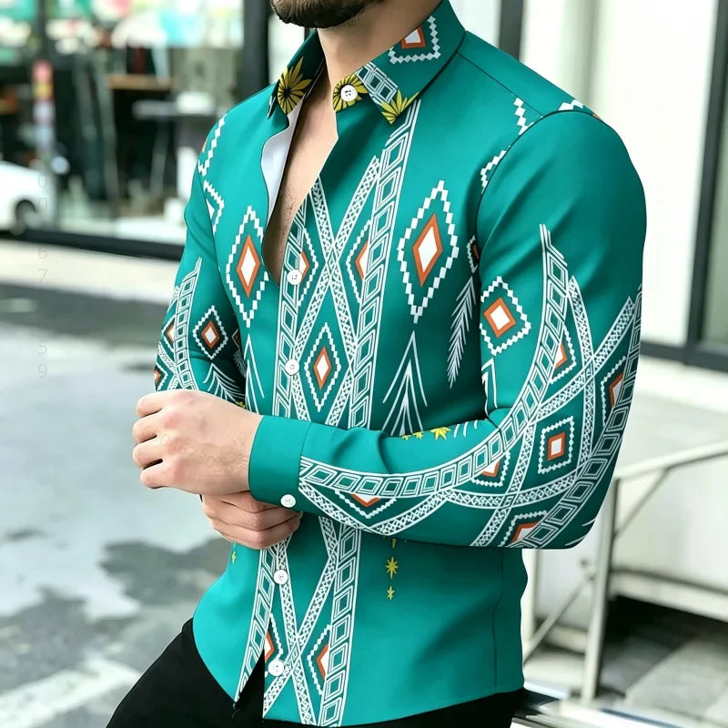 Men's Geometric Print Long-Sleeve Casual T-Shirt