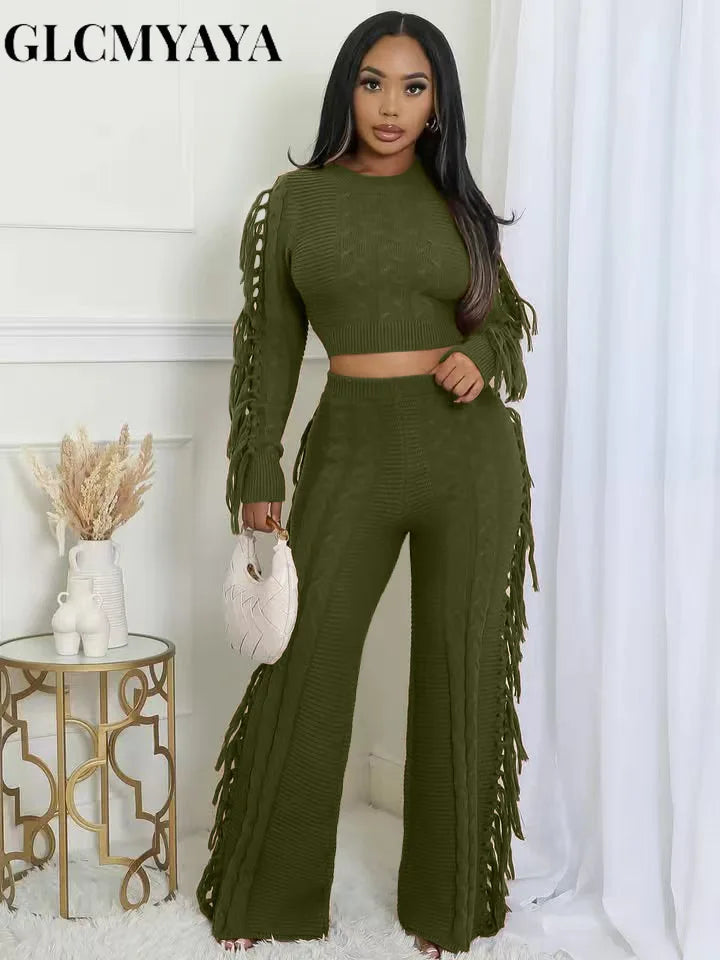 Women's Tassel Knit Sweater & Pants Set
